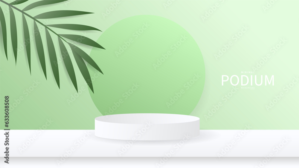 3D White Podium with Leaf on Green Background products display , Abstract Vector rendering 3d, Product display presentation,Stage for showcase, Vector illustration EPS 10