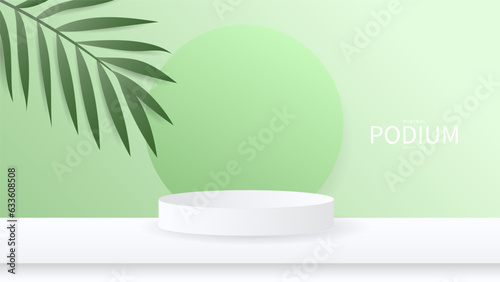 3D White Podium with Leaf on Green Background products display , Abstract Vector rendering 3d, Product display presentation,Stage for showcase, Vector illustration EPS 10