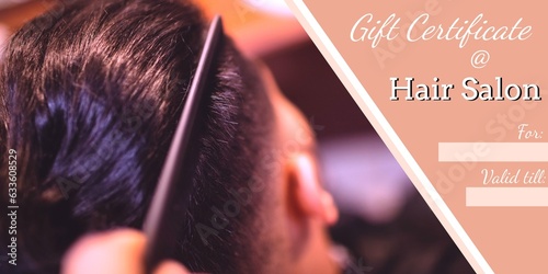 Composition of gift certificate text over asian man getting haircut