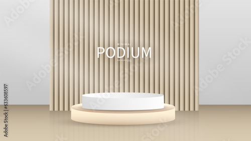 3D White Podium with wooden slats on Background products display , Abstract Vector rendering 3d, Product display presentation,Stage for showcase, Vector illustration EPS 10