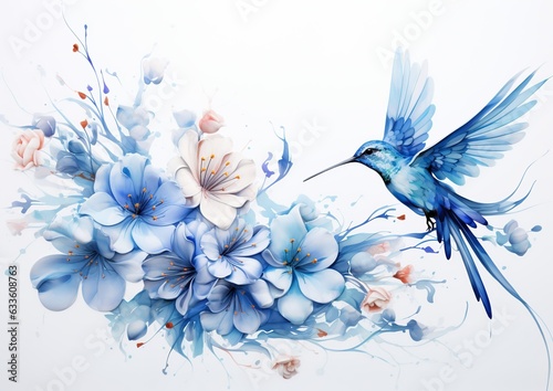 Whimsical Harmony: Graceful Hummingbird Amidst Blooming Flowers on a White Background. Generative Ai