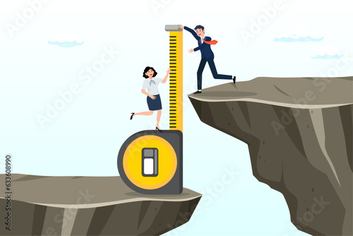 Business people measuring gap between cliff, gap analysis, measuring resources and strategy to reach target, comparison between current state, challenge and obstacle to overcome to success (Vector)