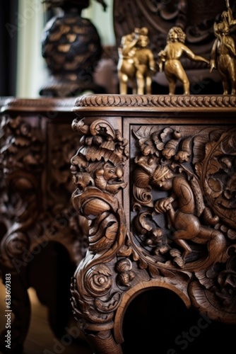 carved wooden ornaments on vintage furniture