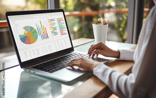 Information analysis. Working from home, the female economic analyst is delving into corporate financial analysis, with her laptop showcasing charts of sales and revenue.Telework and remote work
