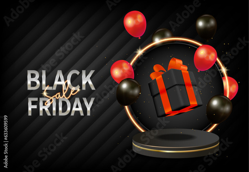Modern black friday sale stand, background, poster, banner for business sale with balloons and gifts