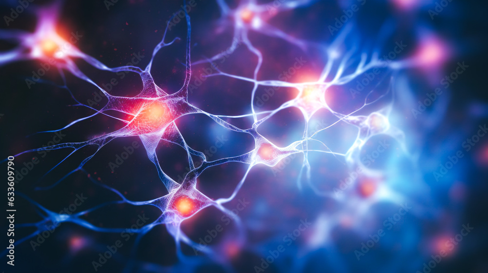 An intricate network of vibrant neurons interconnected with delicate synapses, forming a synaptic junction within the brain. Bursting with intense energy, diverse pathways emerge