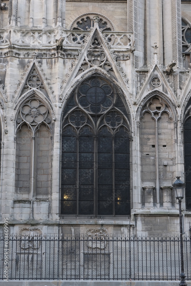 Gothic windows design on Notre Dame de Paris.