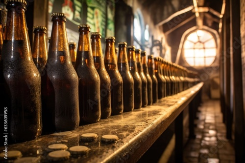 beer bottles lined up on conveyor belt in factory