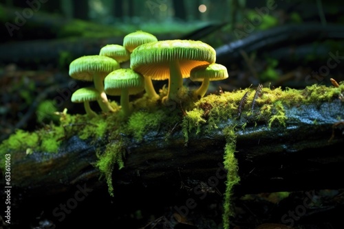 bioluminescent fungi illuminating a mossy log