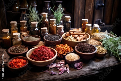 herbal tea ingredients spread out on a wooden surface © altitudevisual