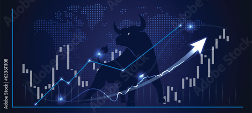 stock market graph Bull run or bullish market trend in crypto currency or stocks. Trade exchange background, up arrow graph for increase in rates. Cryptocurrency price chart & blockchain technology. 