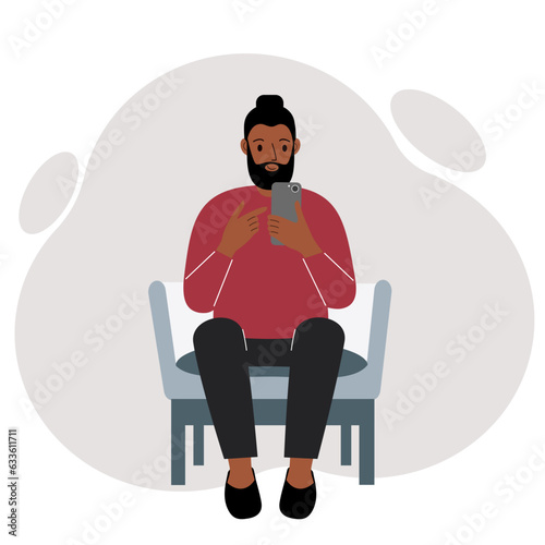 A man sits in a chair with a mobile phone. Vector