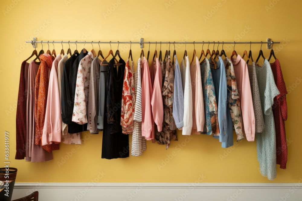 clothes hanging on wall hooks, arranged by type