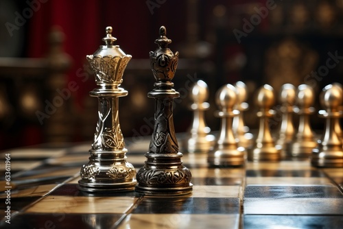 Businessman moving chess piece on chess board game