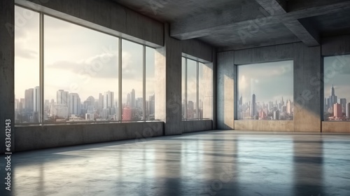 Empty loft style room with concrete floor with cityscape  Concept of real estate.