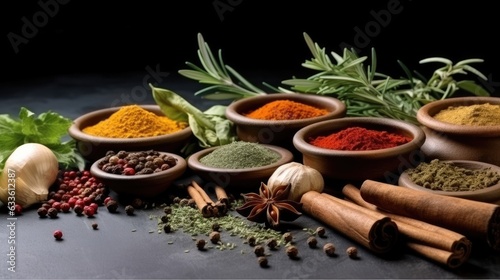 Spices and herbs on black table, Spices for cooking.