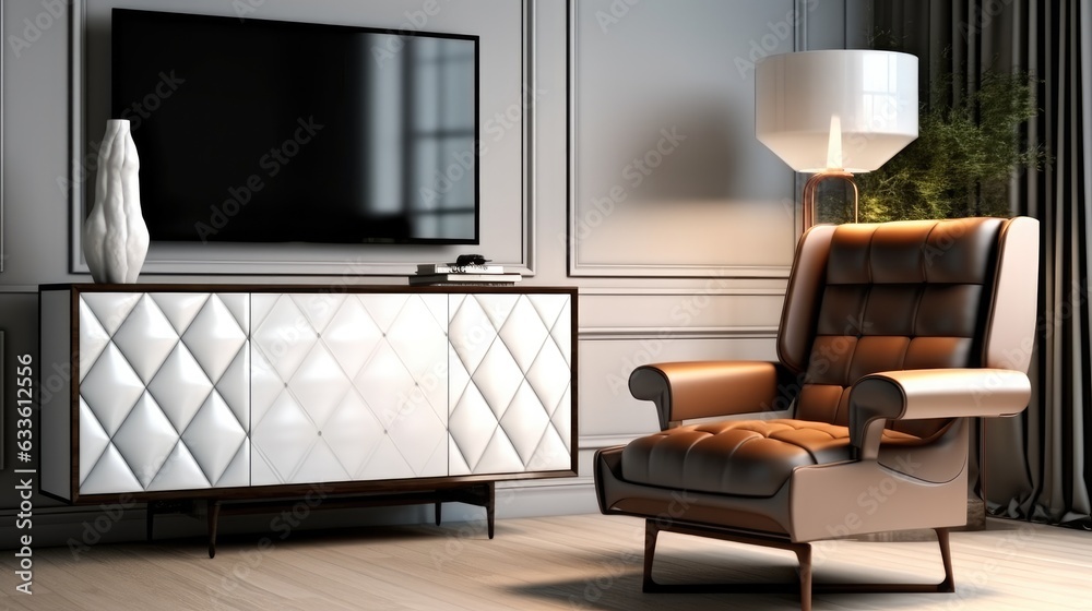 Living room interior have cabinet for tv and leather armchair. Living room interior have cabinet for tv and leather armchair.