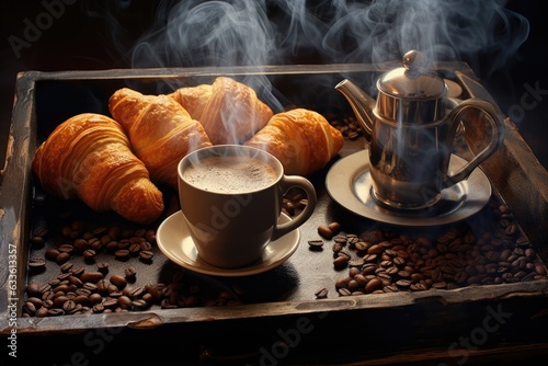 steaming hot coffee and croissants on a tray