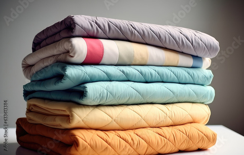 Stack of Quilts, Beautiful bedspreads stacked in several rows in height for storage.