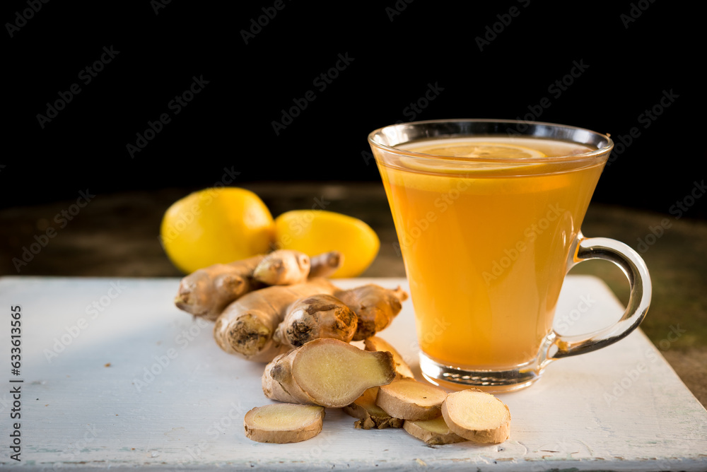 Ginger tea with lemon in a glass Ginger tea with lemon in a glass