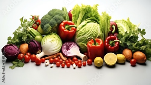 Fresh vegetable ingredients for salad on white background  Vegetarian nutrition concept  Health conscious layout.