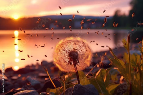 seeds dispersing from dandelion head during sunset