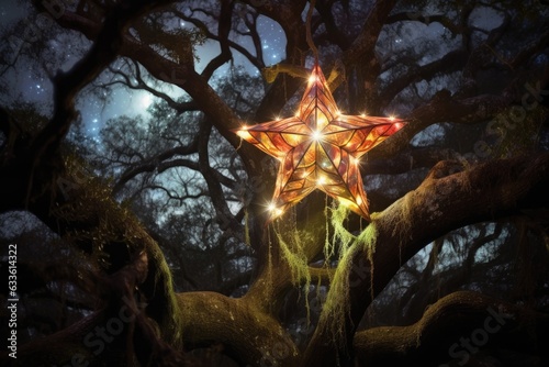 tree-topper star shining brightly on tree