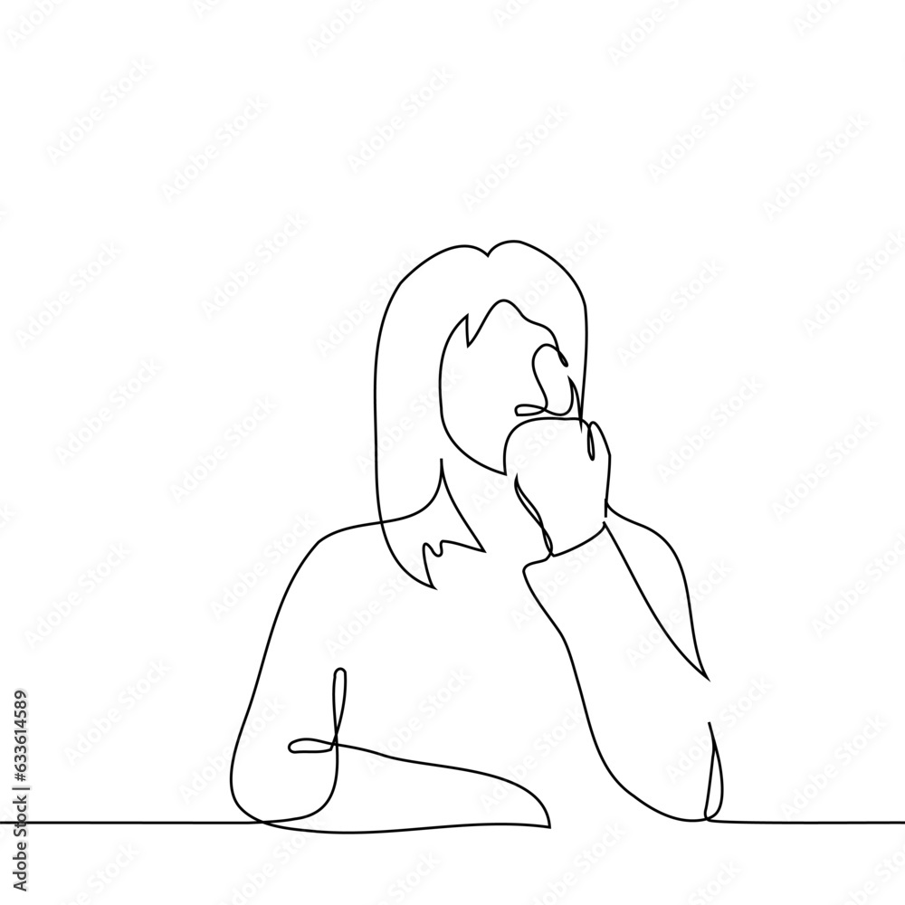 woman sits at a table, her hand clenched her fist and leaned against her mouth - one line art vector. thinking concept, heavy thinking woman sits at a table, her hand clenched her fist and leaned against her mouth - one line art vector. thinking concept, heavy thinking