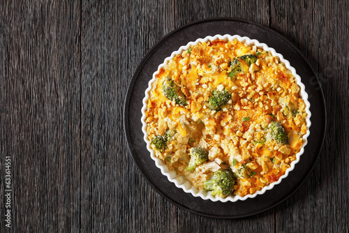 chicken rice broccoli casserole in baking dish