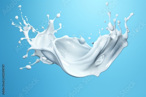 White milk or yogurt splash in wave shape isolated on blue background