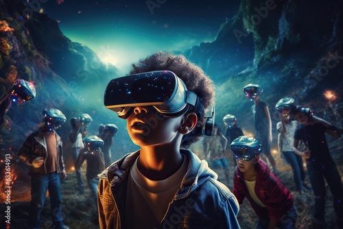 Many children wearing virtual reality glasses. Exploring the metaverse.