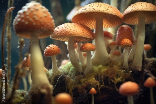 macro view of gilled mushroom underside with spores photo