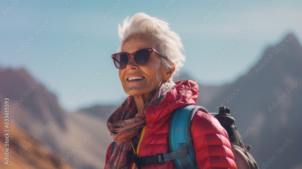 Attractive senior woman walking outdoors in nature at sunset, hiking. Generative AI Attractive senior woman walking outdoors in nature at sunset, hiking. Generative AI