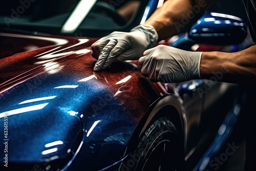 Close up of a auto body mechanic buffing a scratch on sports car © ttonaorh