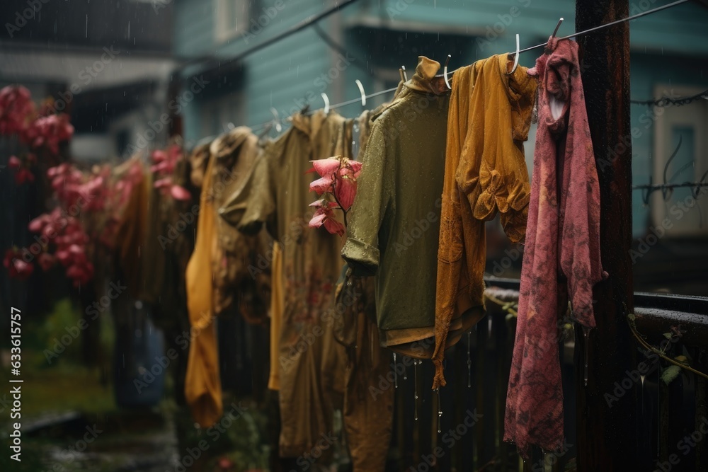 raindrops on clothes hanging in the rain outdoors