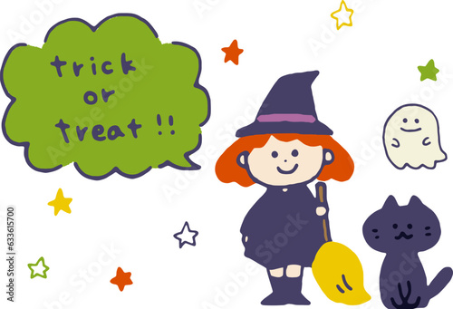 手書き風ハロウィンの魔女の仮装をした女の子のイラスト