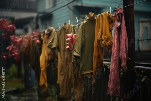 raindrops on clothes hanging in the rain outdoors © altitudevisual