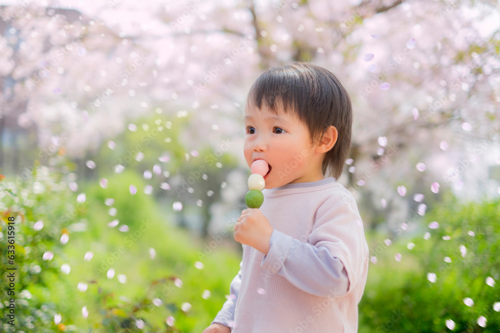 花見だんごを食べる2歳児 花見だんごを食べる2歳児