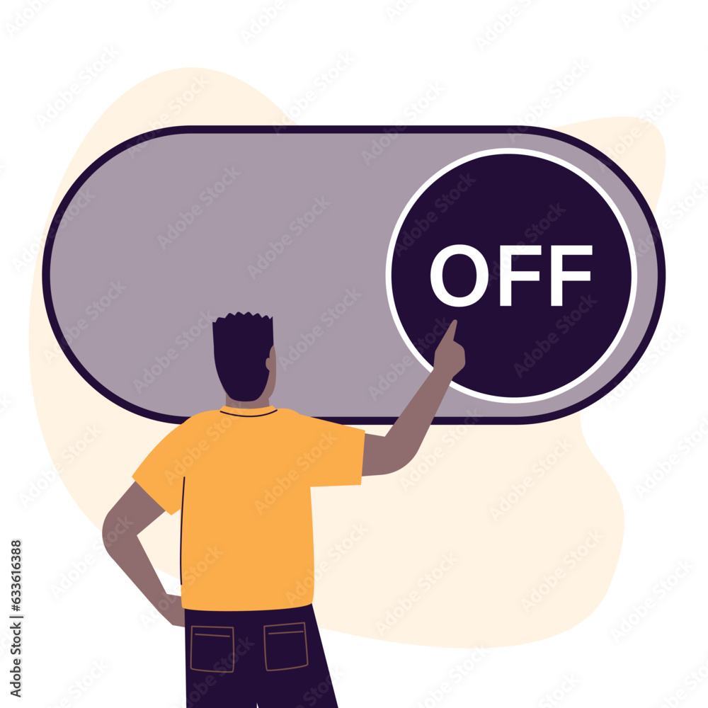 African american man moves slider. Turn off mobile gadget or customize settings. Black guy user adjusts parameters. Concept of custom settings. System adjust, control panel. Back view. African american man moves slider. Turn off mobile gadget or customize settings. Black guy user adjusts parameters. Concept of custom settings. System adjust, control panel. Back view.