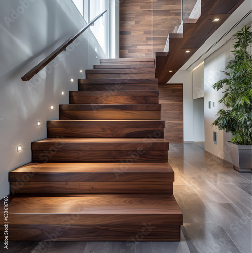 Stairs made of walnut wood, view from the front