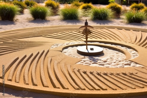 sundial in a zen garden with raked sand patterns