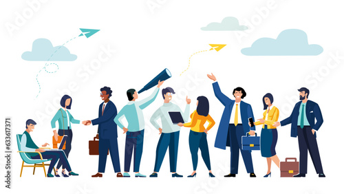 People, teamwork. Vector colorful illustration of internet communication, social network, chat, video, news, message, website, find friends, mobile web graphics, development paths. Business contract
