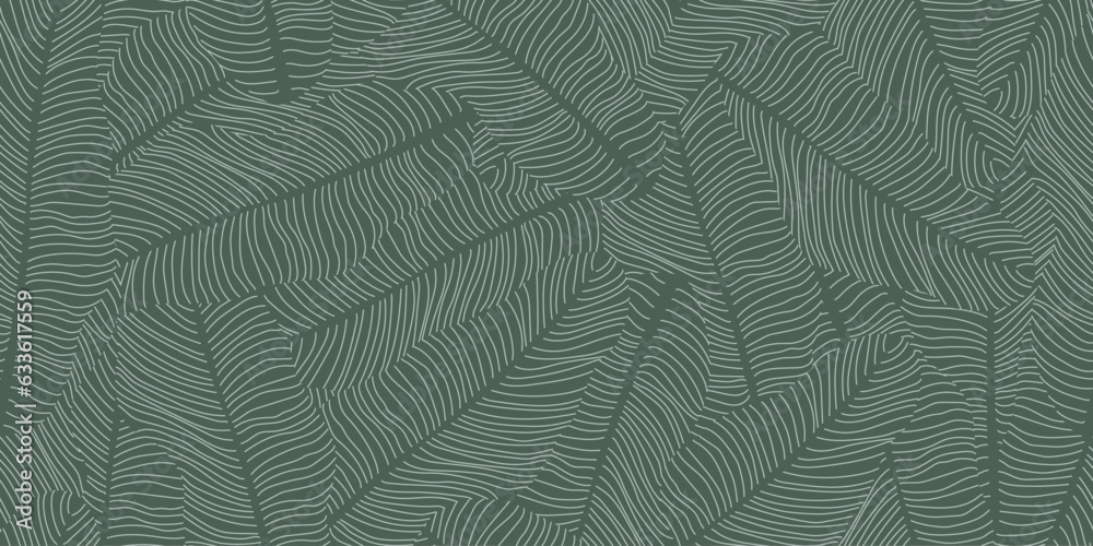 Abstract Leaves Seamless Pattern in Trendy Linear Style. Abstract Background with Leaves. Floral Wallpaper. Botanical Design for Prints, Surface, Home Decoration, Fabric. Vector Illustration.