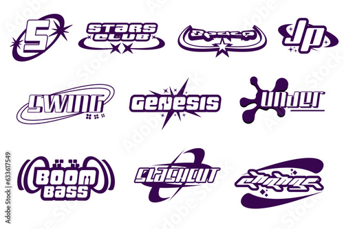Y2K Logo Graphic Assets frame Design, Lettering design. Big collection of typography or typeface abstract graphic Pack. y2k elements. stickers, posters, banners, logo, streetwear. Vector illustration