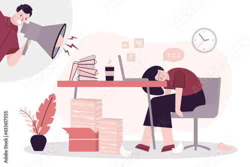 Tired office worker sleeping at workplace. Boss scream in loudspeaker. Overload, burnout, hard work in office. Corporate slavery, work seven days week