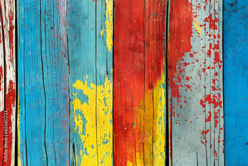 Texture of vintage wood boards with cracked paint of white, red, yellow and blue color, with copy space. Vertical retro background with wooden planks. AI generated image.