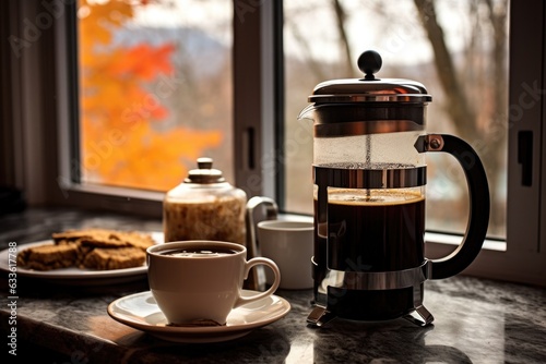 french press filled with fresh coffee on countertop photo