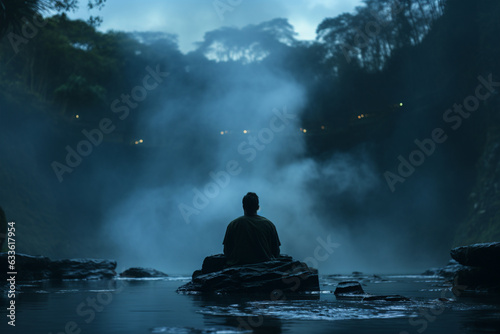 person meditating in a secluded hot spring, with mist rising from the water, capturing a moment of deep tranquility 