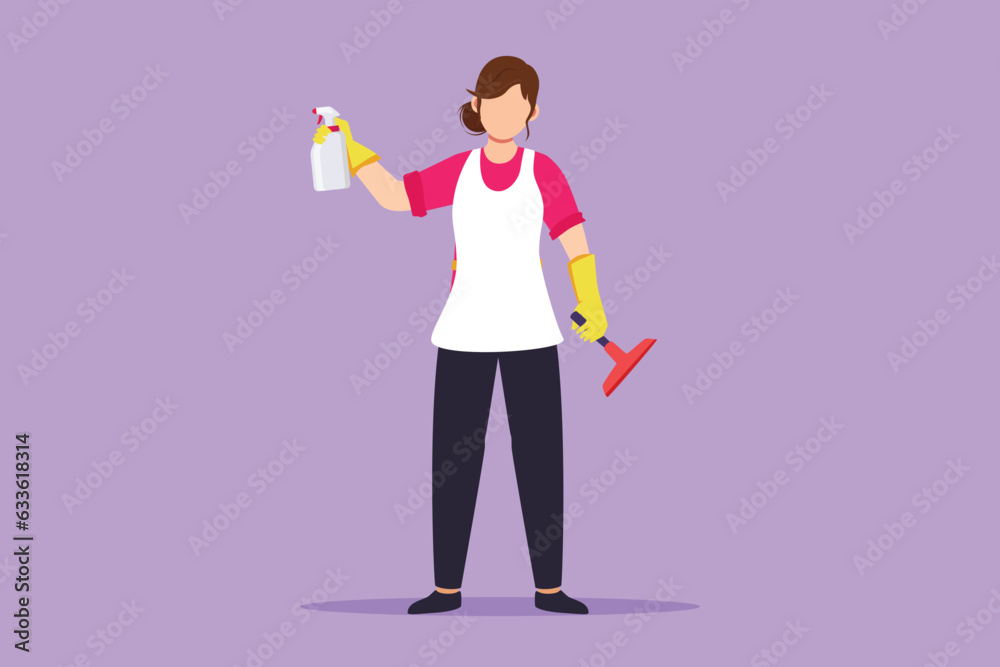 Fototapeta premium Character flat drawing of woman cleaning, tidying home, female wiping window glass with detergents, special supplies. Cleanup and housekeeping of apartment or house. Cartoon design vector illustration
