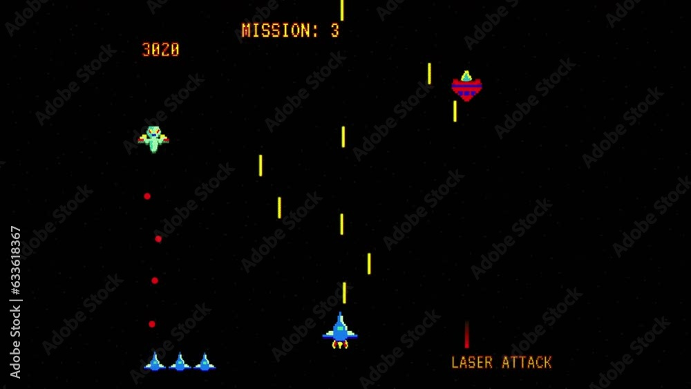 8 Bit Video Game Mock Up Concept Gameplay of Retro Eighties 2D Console Space Shooter Arcade with Spaceship Shooting Aliens. HUD.